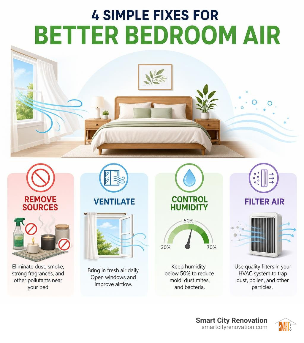 Infographic showing bedroom air fixes: remove sources, ventilate, control humidity, filter air infographic Infographic showing bedroom air fixes: remove sources, ventilate, control humidity, filter air infographic