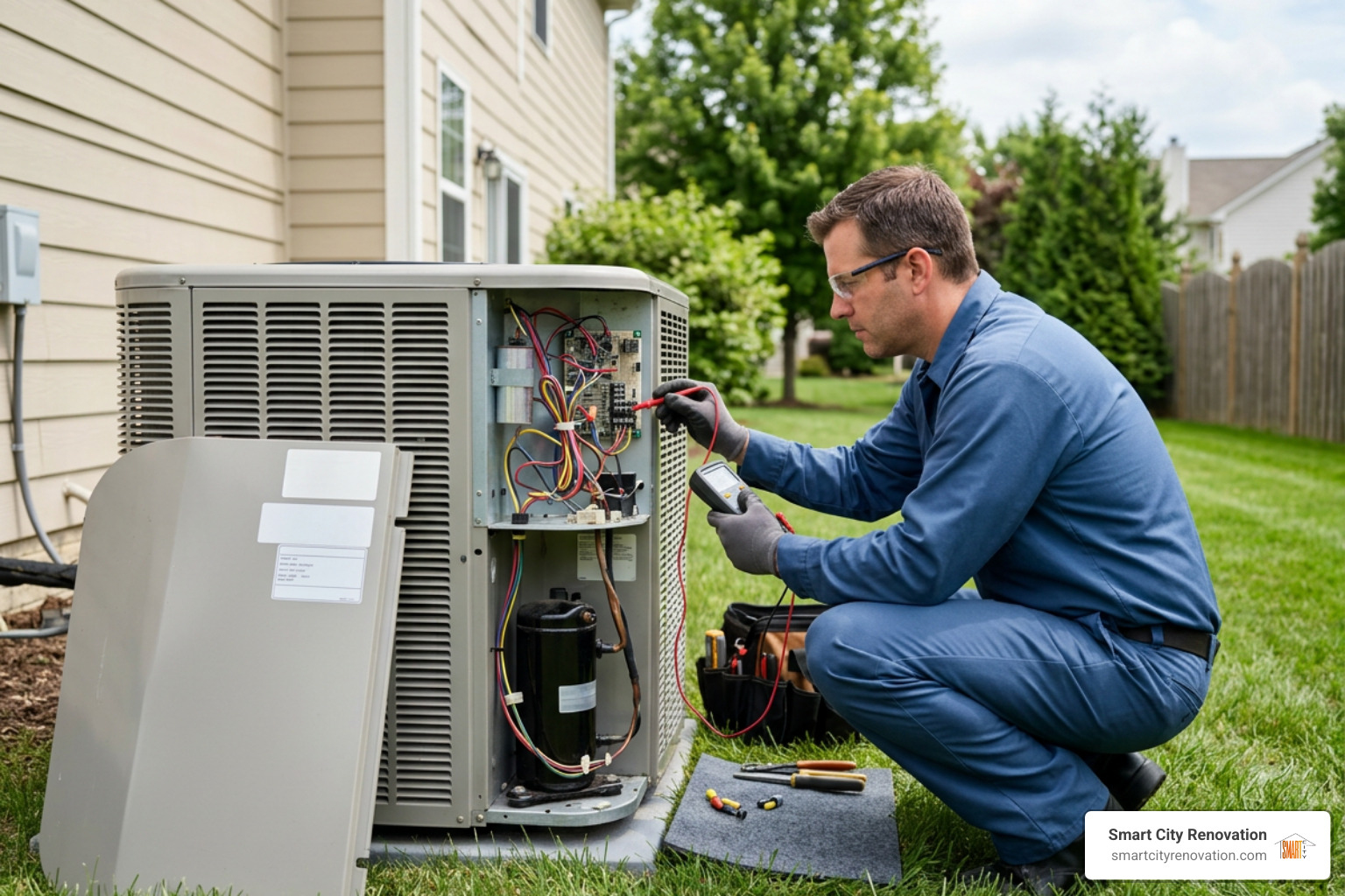 HVAC technician testing heat pump electrical components HVAC technician testing heat pump electrical components