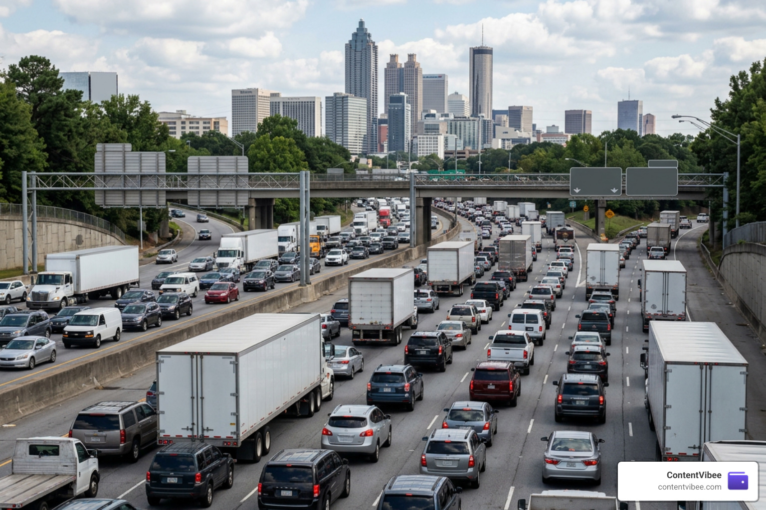 Heavy commercial freight traffic and congestion on Interstate 285 in Atlanta