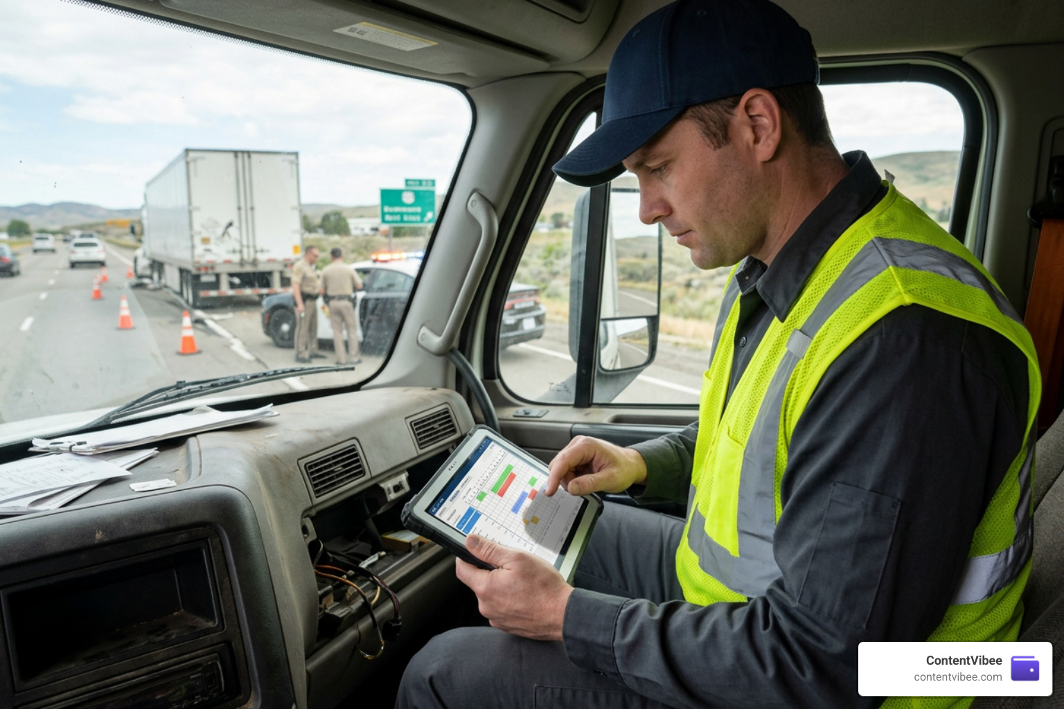Commercial truck accident reconstructionist inspecting electronic logging data