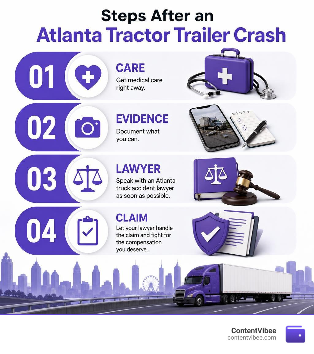 Steps after an Atlanta tractor trailer crash: care, evidence, lawyer, claim infographic