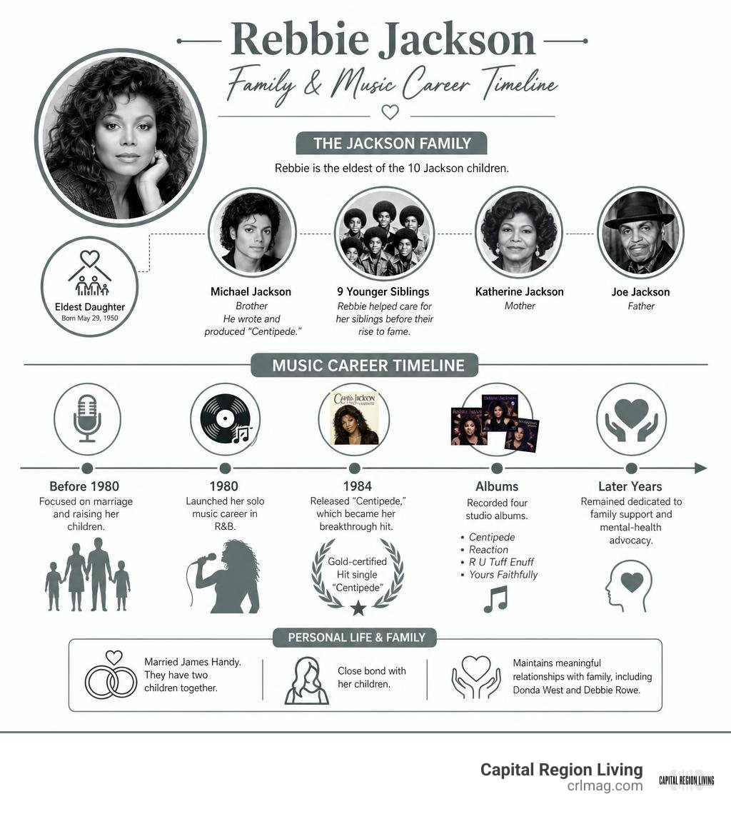 Rebbie Jackson family and music career timeline infographic