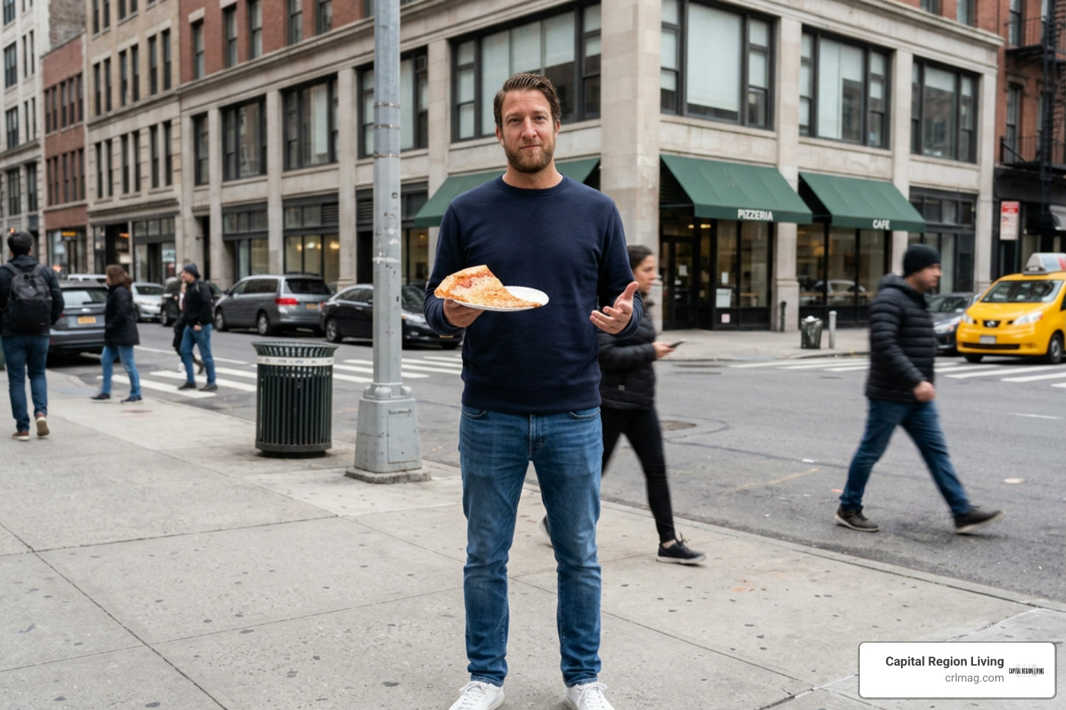 Dave Portnoy filming a One Bite Pizza Review on a city sidewalk Dave Portnoy filming a One Bite Pizza Review on a city sidewalk