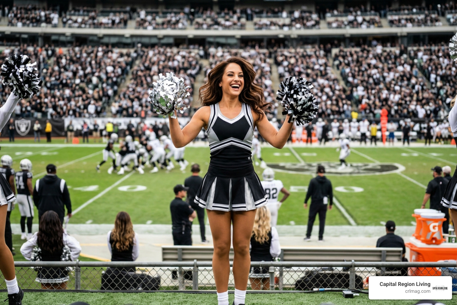 Emily Compagno cheering on the sidelines with the Oakland Raiders