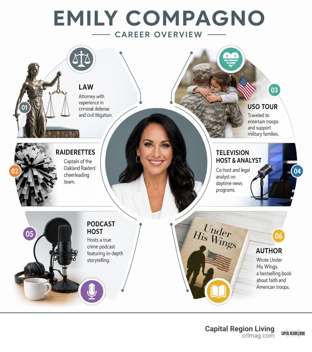 Emily Compagno career overview: law, Raiderettes, USO tour, Fox News, podcast, and book infographic
