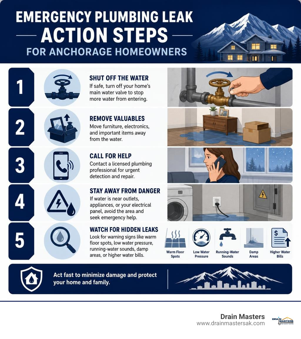 Emergency plumbing leak action steps for Anchorage homeowners infographic