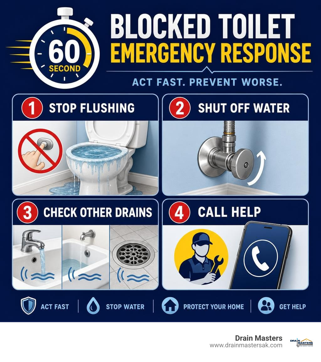 60-second blocked toilet emergency response: stop flushing, shut off water, check other drains, call help infographic 60-second blocked toilet emergency response: stop flushing, shut off water, check other drains, call help infographic