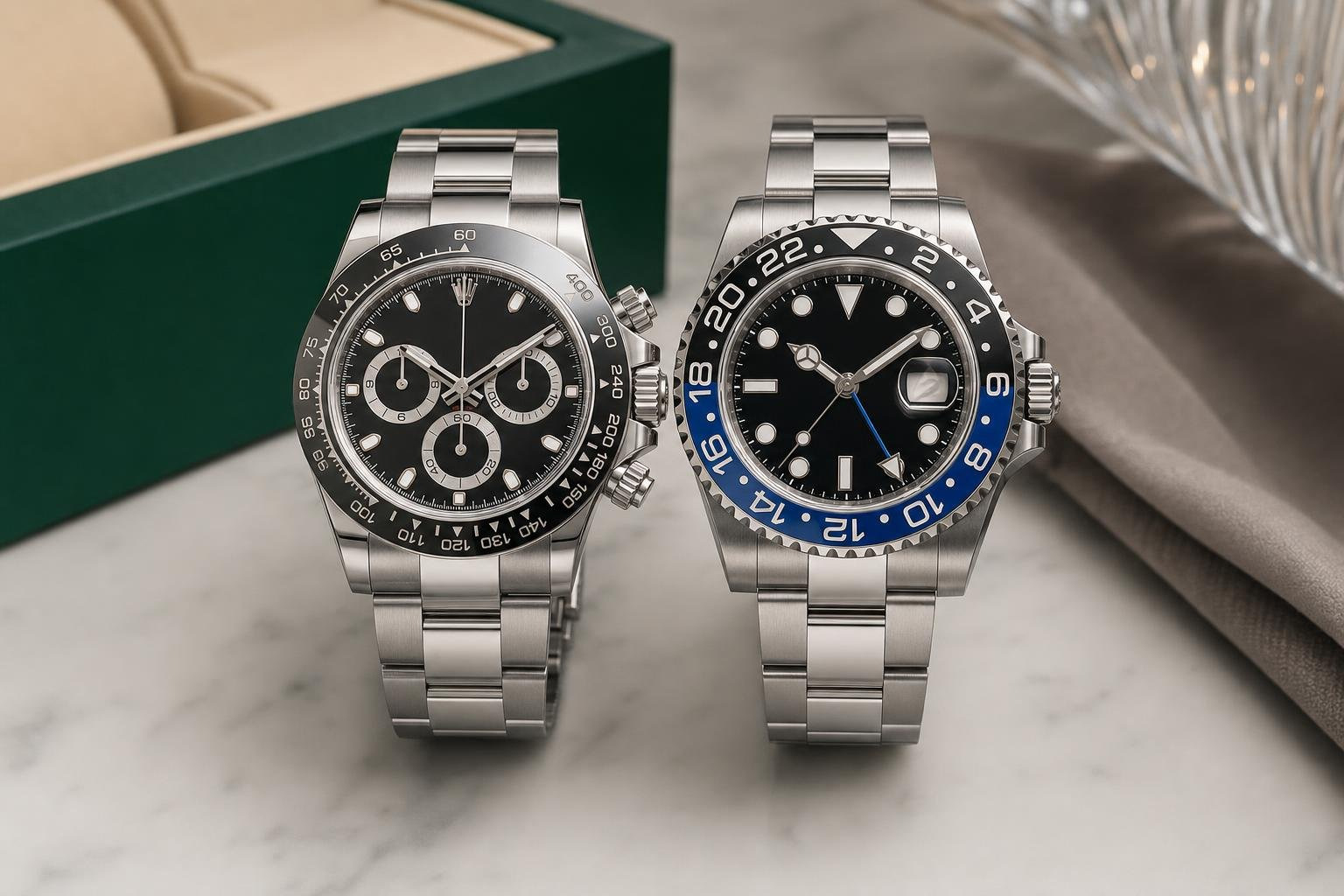 stainless steel Daytona and GMT-Master II models side by side