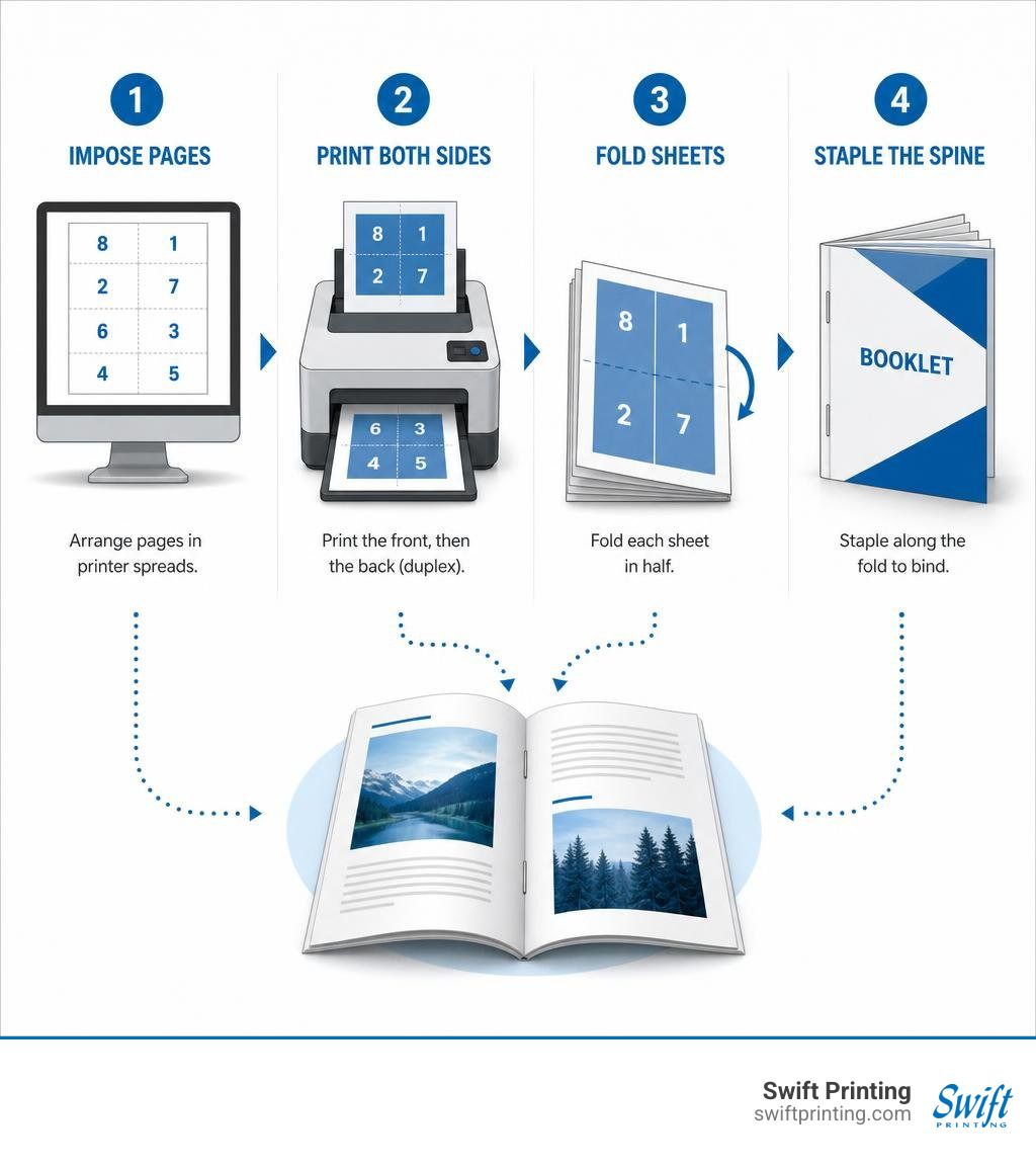 Booklet printing workflow: impose pages, print both sides, fold sheets, staple the spine infographic Booklet printing workflow: impose pages, print both sides, fold sheets, staple the spine infographic