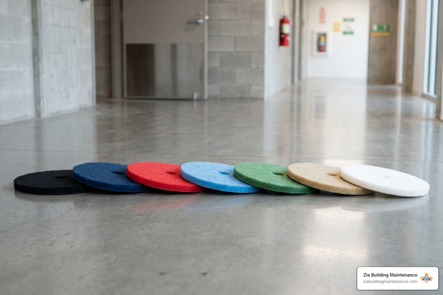 Floor buffer pad color coding system from stripping black to polishing white Floor buffer pad color coding system from stripping black to polishing white