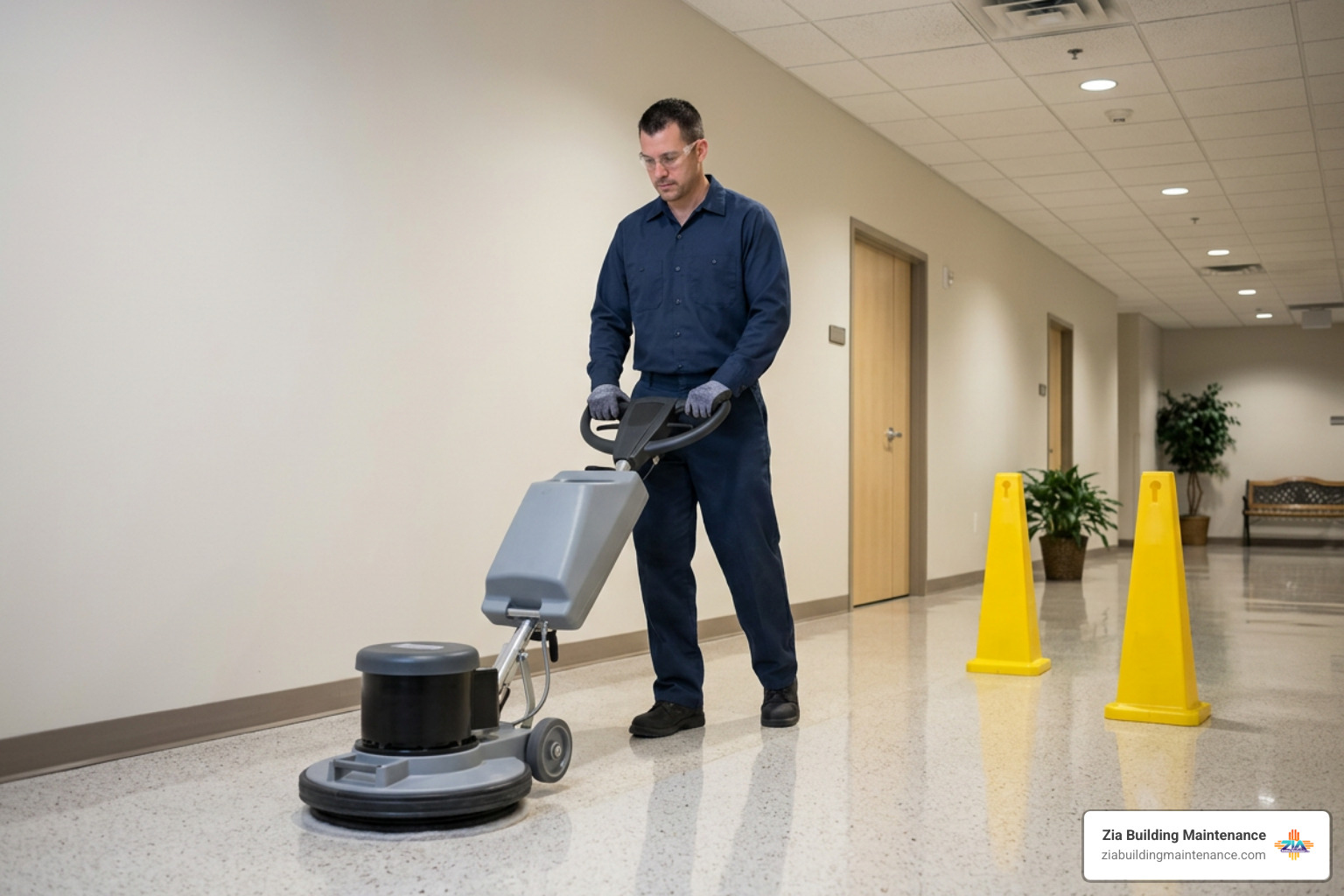 Technician operating a commercial dual-speed floor buffer in a commercial hallway Technician operating a commercial dual-speed floor buffer in a commercial hallway
