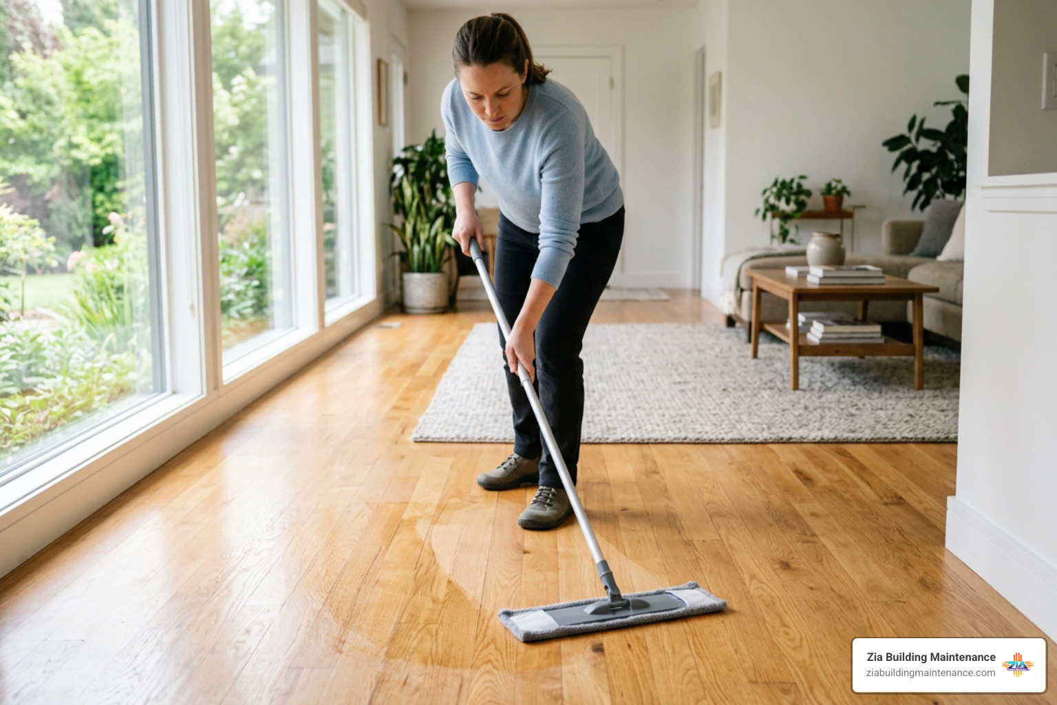microfiber mop damp cleaning wood floorboards along the grain