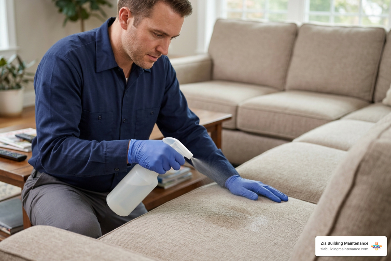 Targeted professional spot treatment and enzyme application on upholstered sofa cushion Targeted professional spot treatment and enzyme application on upholstered sofa cushion