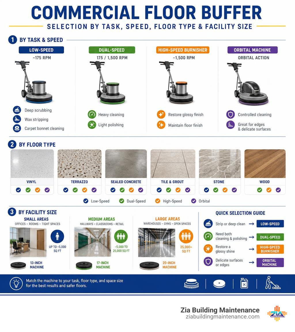 Commercial floor buffer selection by task, speed, floor type, and facility size infographic Commercial floor buffer selection by task, speed, floor type, and facility size infographic