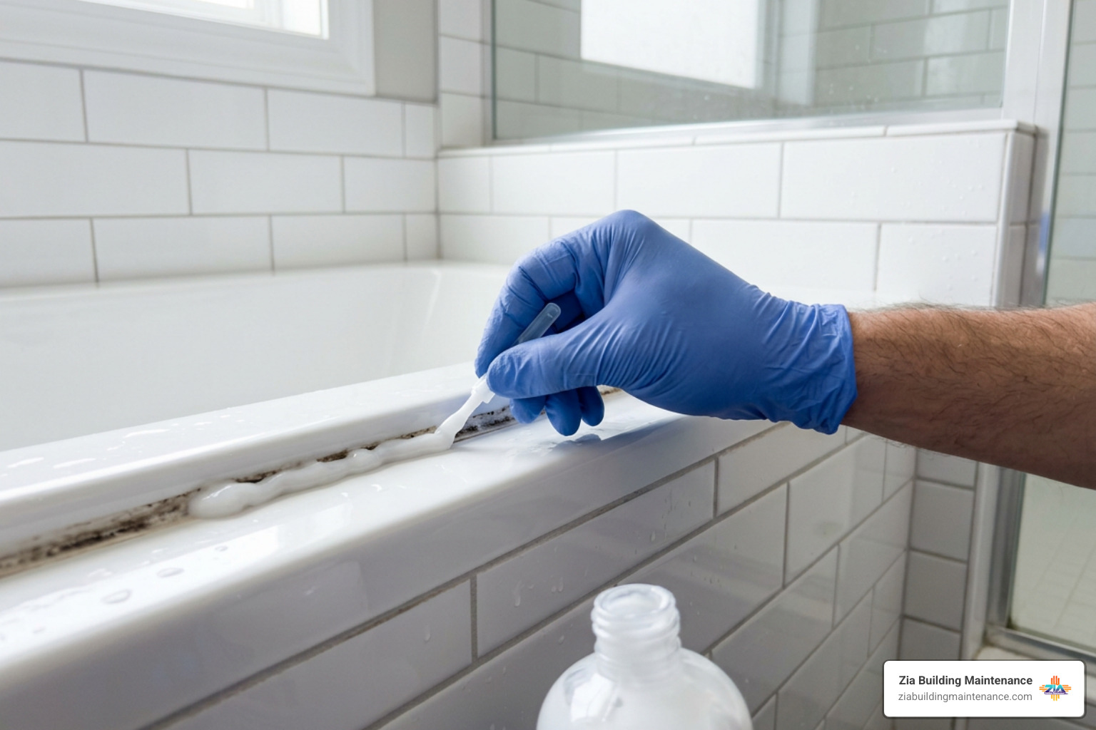 applying mold stain remover gel along bathtub caulking line applying mold stain remover gel along bathtub caulking line