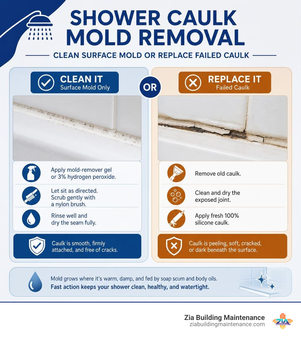Shower caulk mold removal: clean surface mold or replace failed caulk infographic Shower caulk mold removal: clean surface mold or replace failed caulk infographic