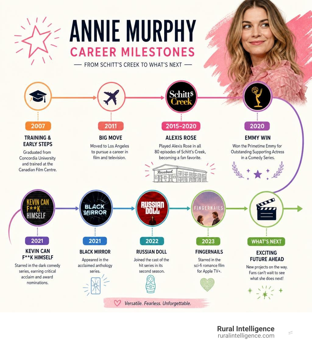 Timeline of Annie Murphy career milestones from Schitt's Creek to upcoming projects infographic Timeline of Annie Murphy career milestones from Schitt's Creek to upcoming projects infographic