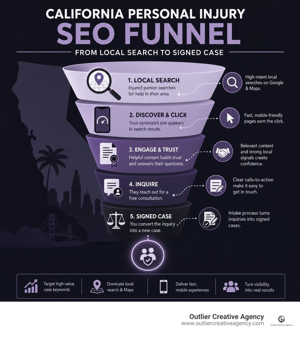 California personal injury SEO funnel from local search to signed case infographic