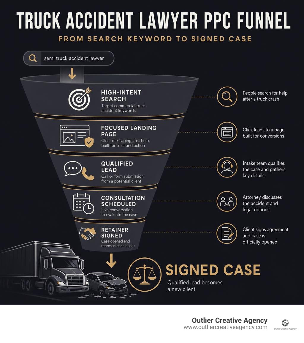 Truck accident lawyer PPC funnel from search keyword to signed case infographic