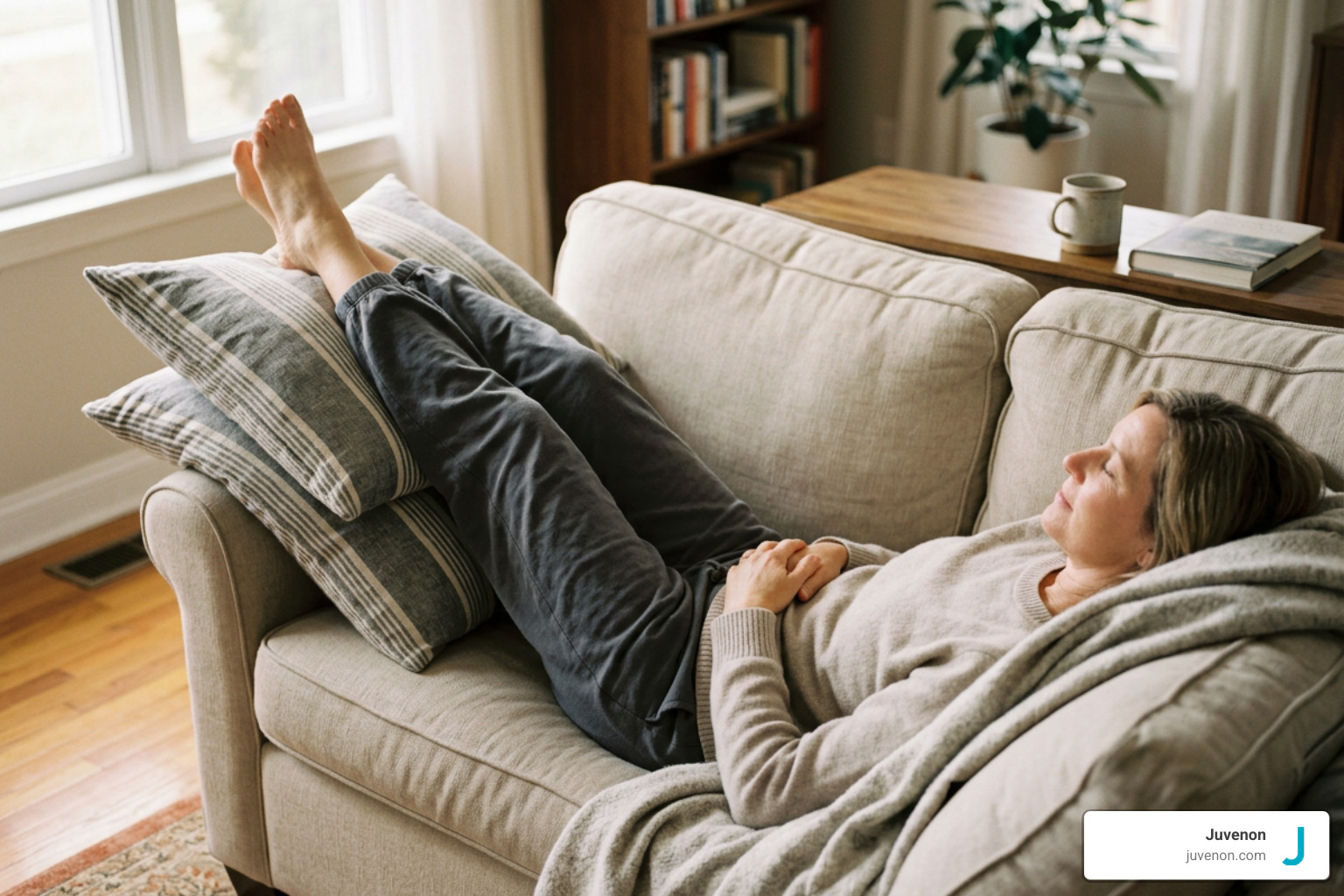 Proper leg elevation above heart level for venous decompression