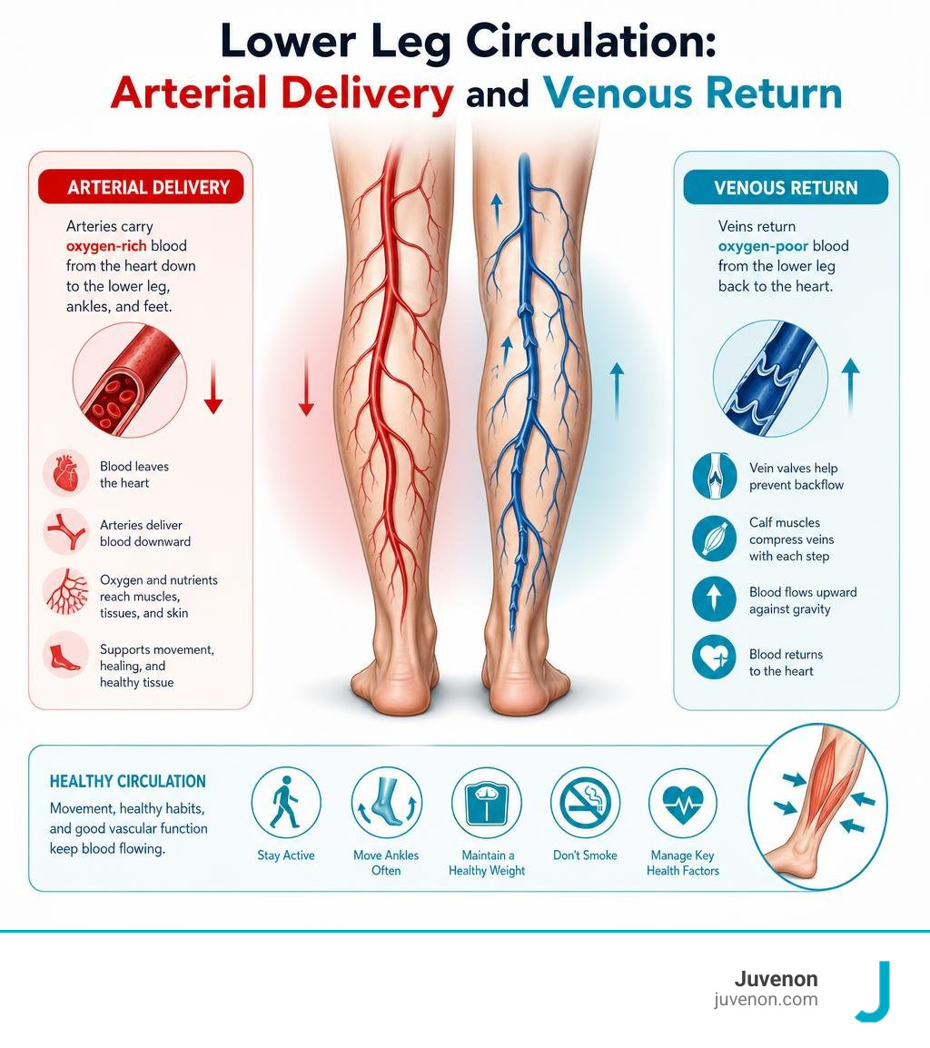 Arterial delivery and venous return in lower leg circulation infographic