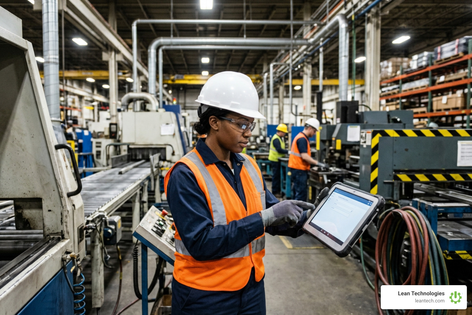 frontline team member logging machine data on mobile tablet