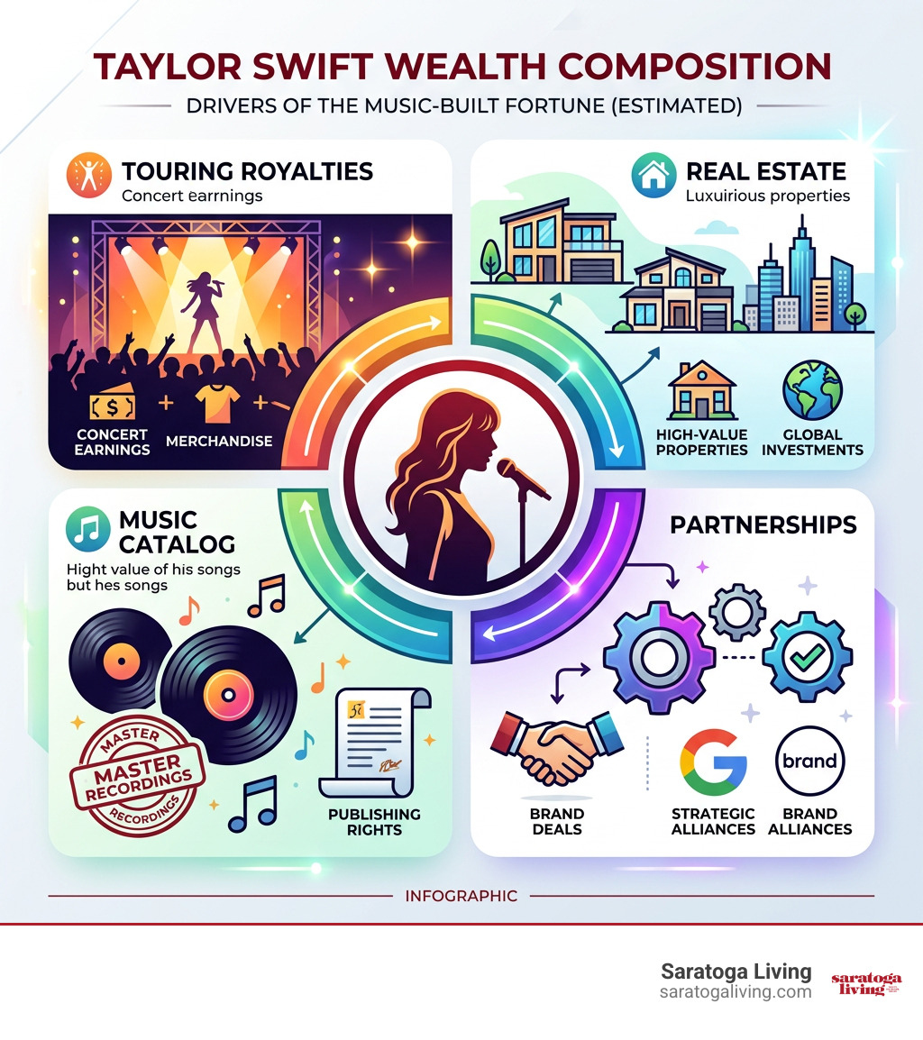 Taylor Swift wealth composition: touring royalties, music catalog, real estate, and partnerships infographic Taylor Swift wealth composition: touring royalties, music catalog, real estate, and partnerships infographic