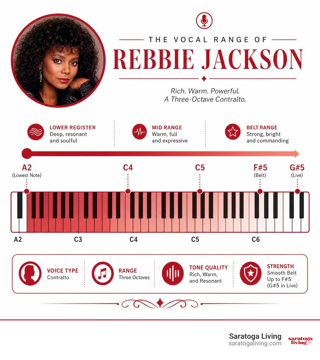 Chart showing the vocal range of Rebbie Jackson from lower register to belt range infographic Chart showing the vocal range of Rebbie Jackson from lower register to belt range infographic
