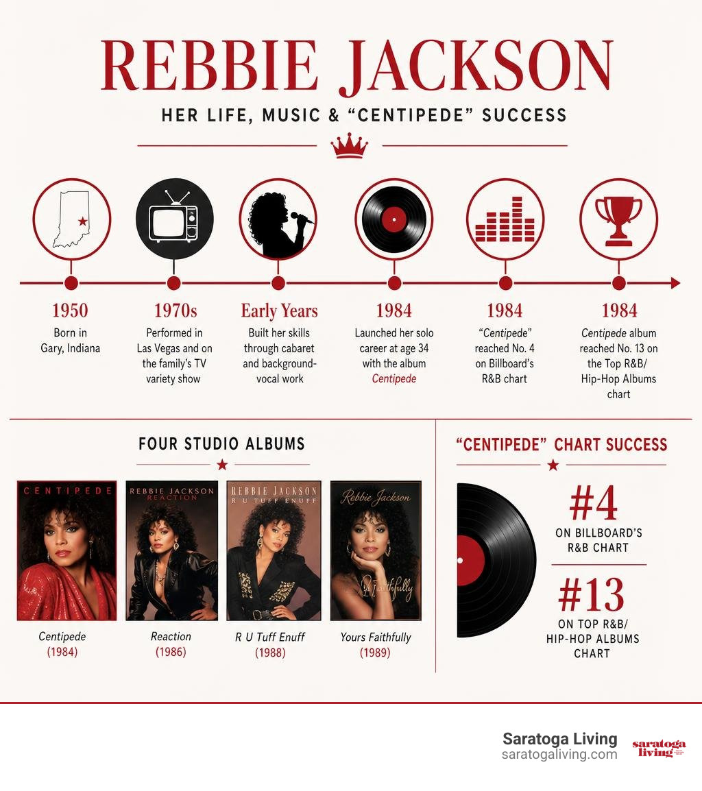 Timeline infographic of Rebbie Jackson's life, four albums, and Centipede chart success infographic Timeline infographic of Rebbie Jackson's life, four albums, and Centipede chart success infographic