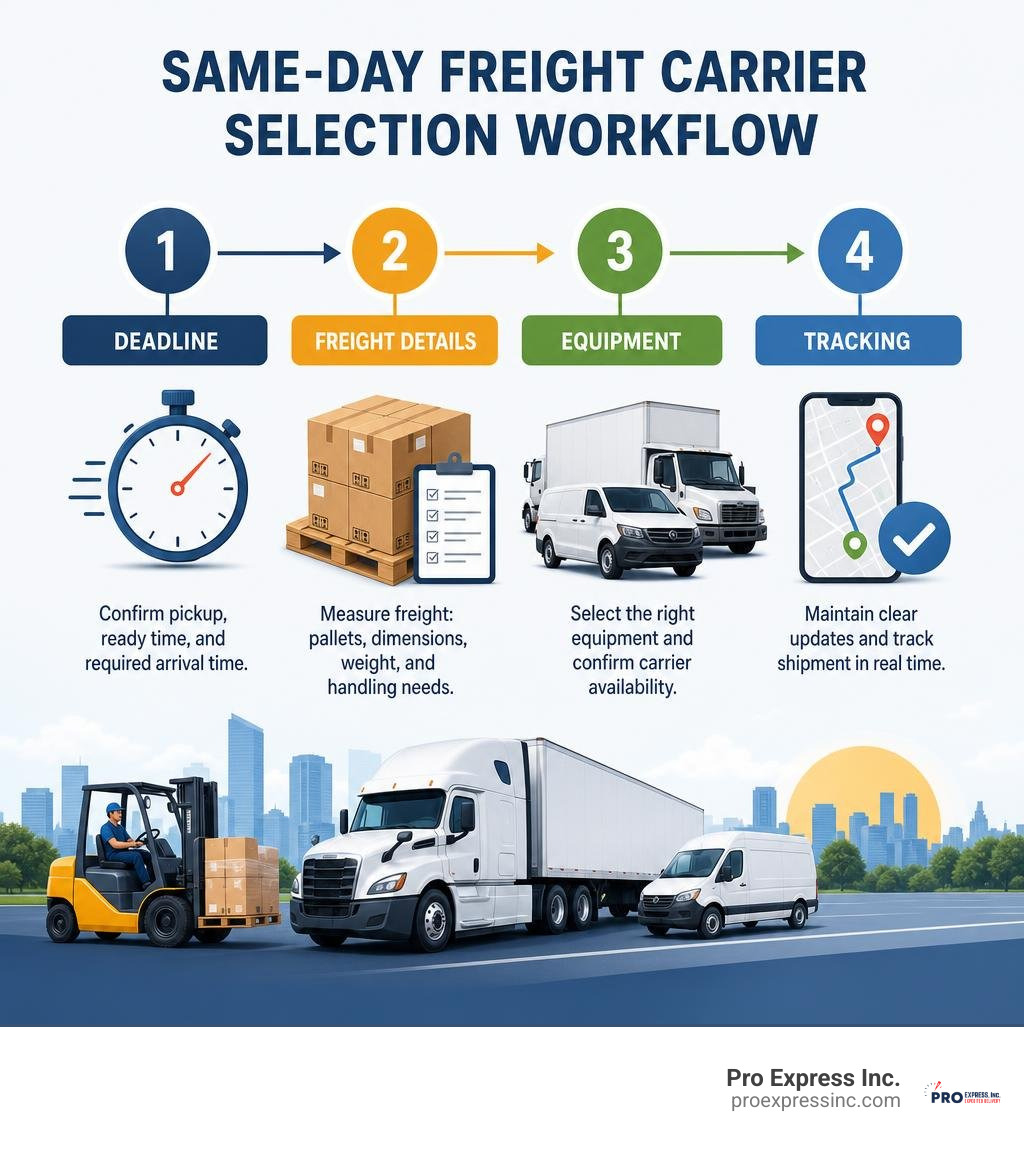 Same-day freight carrier selection workflow: deadline, freight details, equipment, tracking infographic Same-day freight carrier selection workflow: deadline, freight details, equipment, tracking infographic