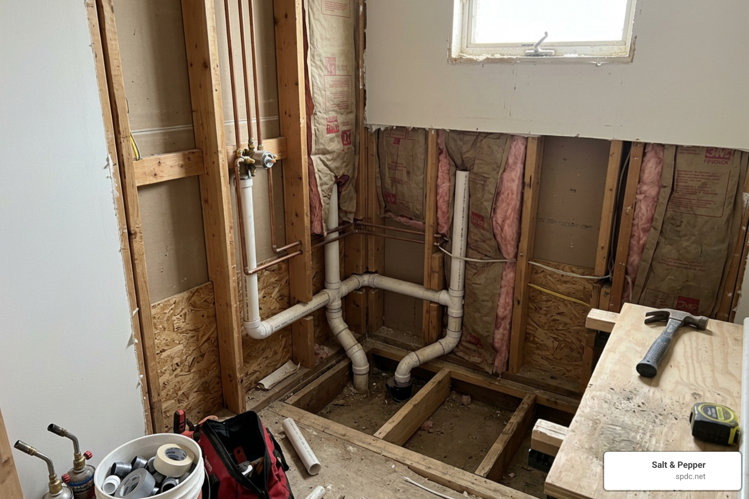 rough in plumbing installation in bathroom