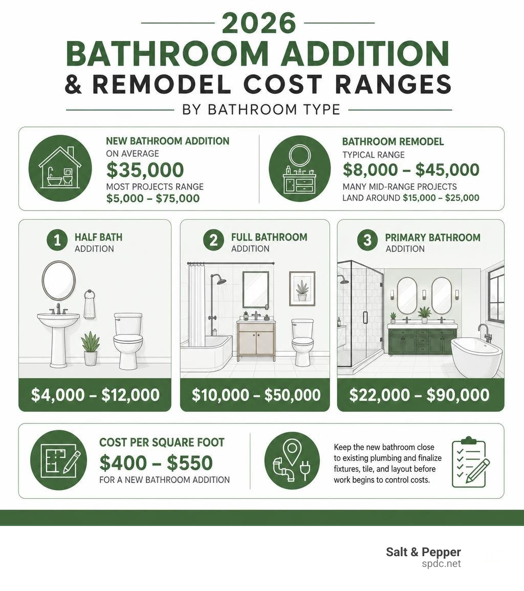 2026 bathroom addition and remodel cost ranges by bathroom type infographic