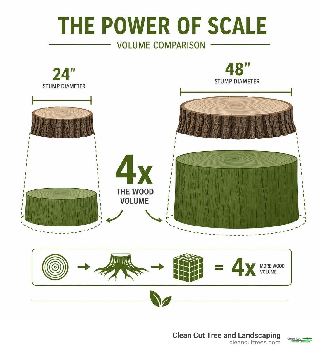 Geometric comparison showing a 48 inch stump containing four times the wood volume of a 24 inch stump infographic
