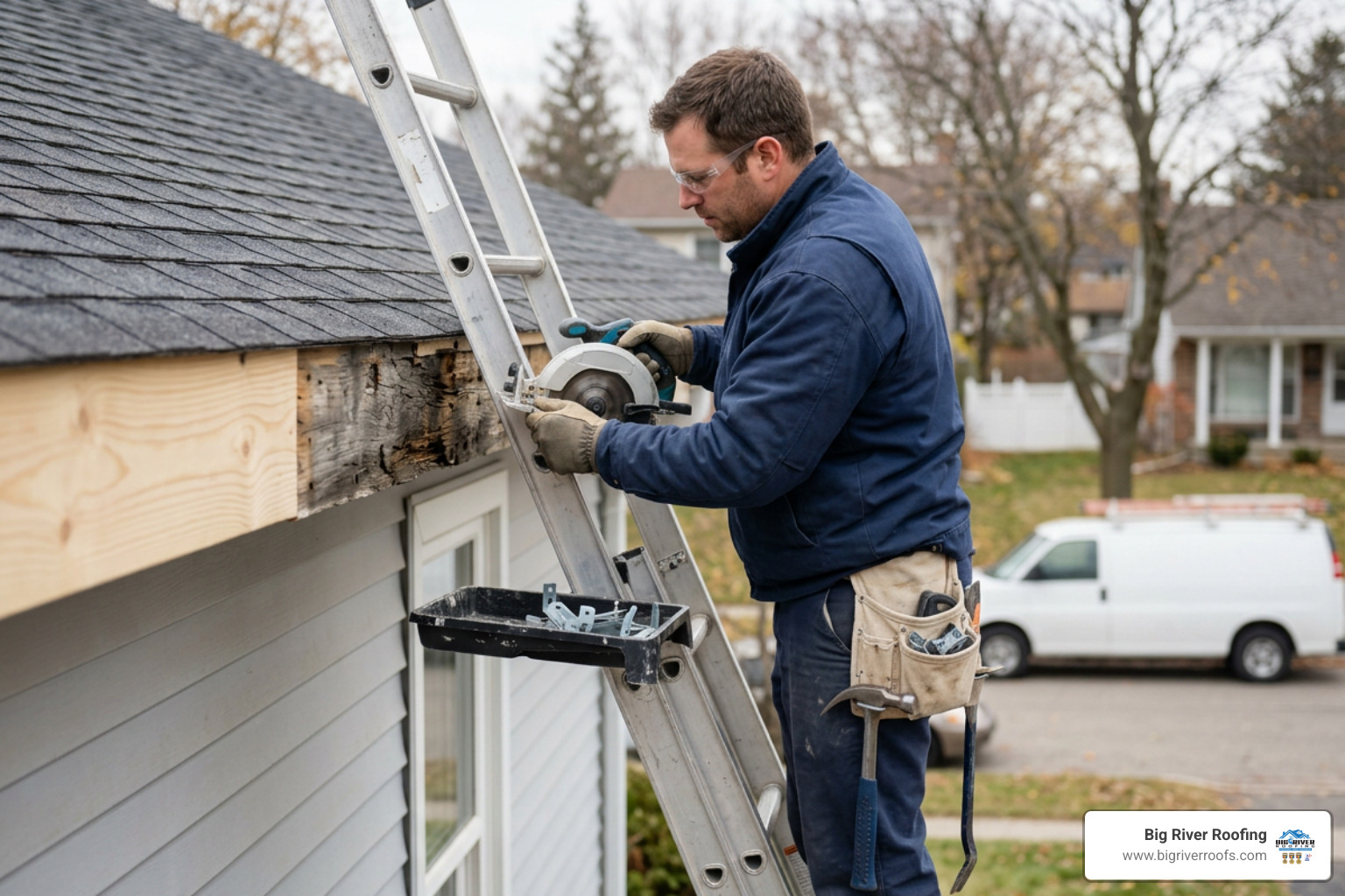 technician replacing damaged fascia board prior to gutter hanging technician replacing damaged fascia board prior to gutter hanging