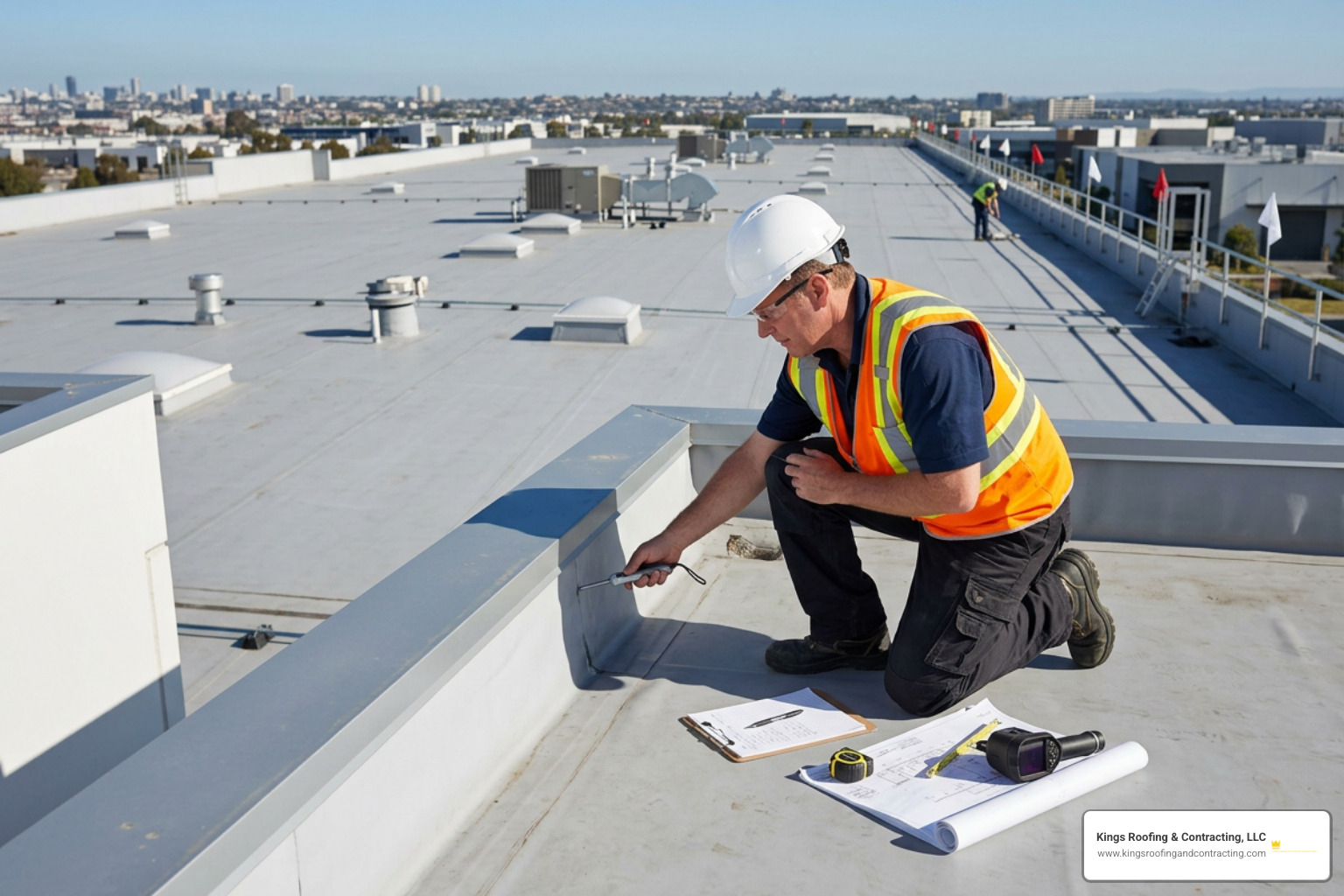 Technician performing commercial flat roof inspection Technician performing commercial flat roof inspection
