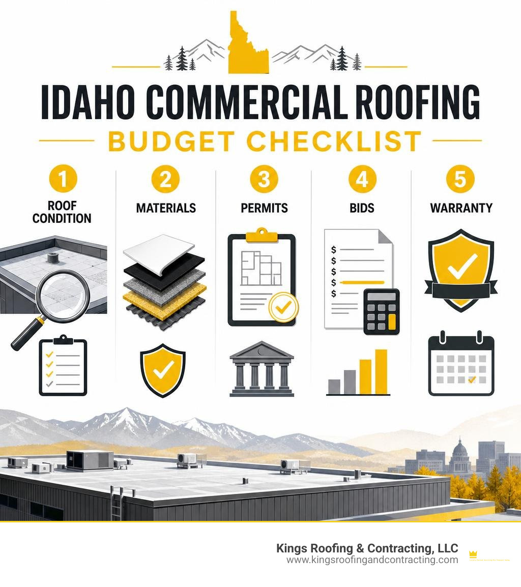 Idaho commercial roofing budget checklist: roof condition, materials, permits, bids, warranty infographic Idaho commercial roofing budget checklist: roof condition, materials, permits, bids, warranty infographic