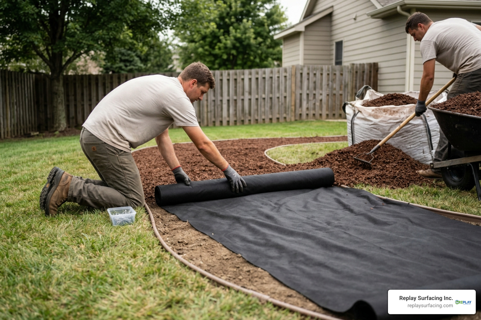 Installing commercial geotextile fabric beneath rubber mulch in a backyard