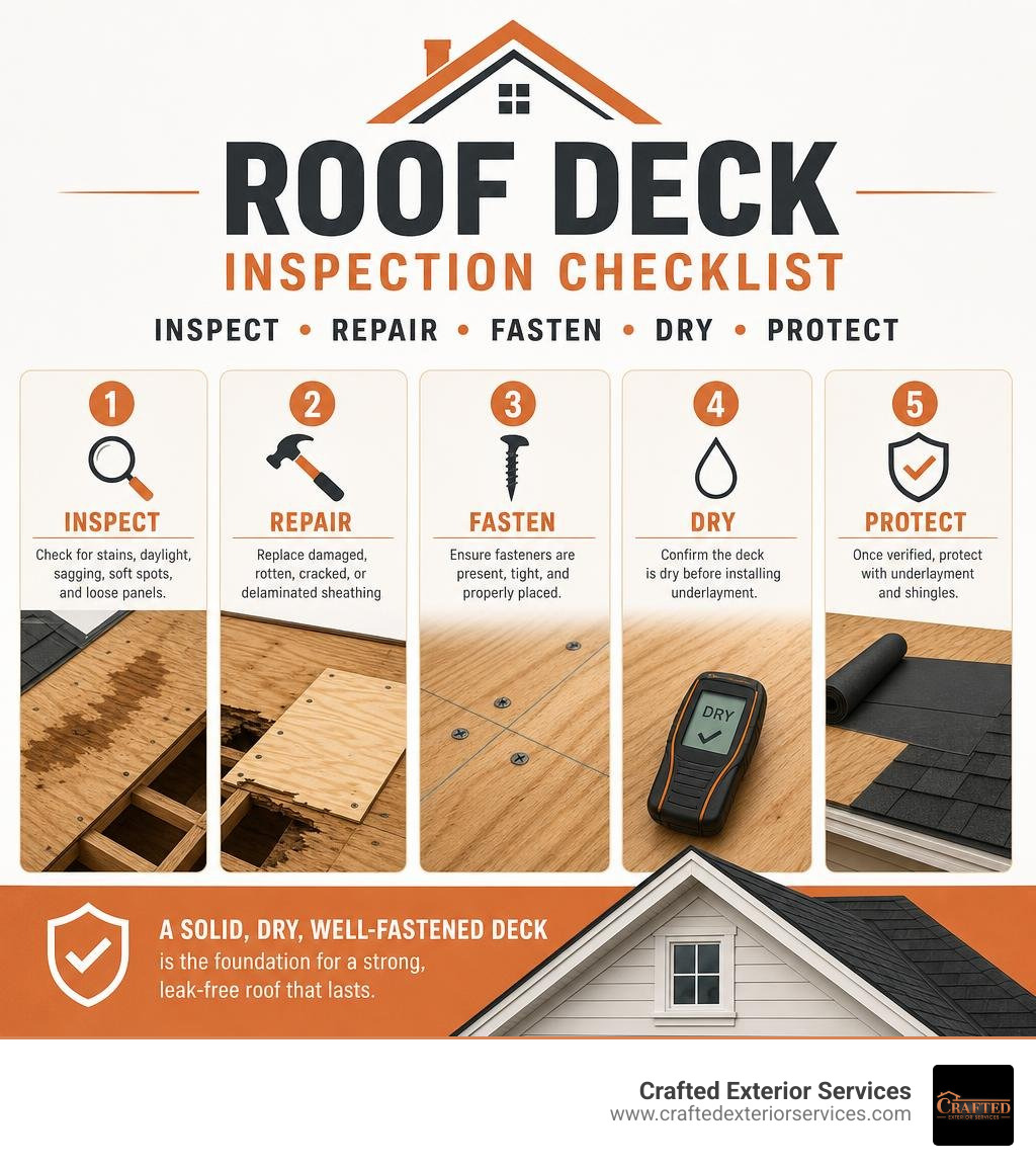 Roof deck inspection checklist: inspect, repair, fasten, dry, protect infographic Roof deck inspection checklist: inspect, repair, fasten, dry, protect infographic