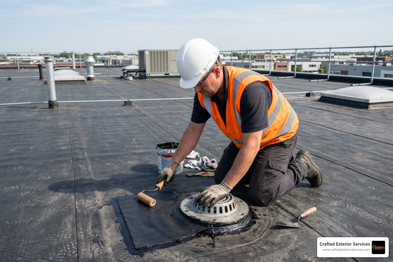 technician installing membrane patch around a flat roof drain flange technician installing membrane patch around a flat roof drain flange
