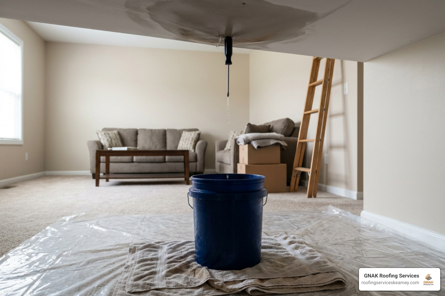 Proper indoor leak containment setup with buckets, tarps, and ceiling relief Proper indoor leak containment setup with buckets, tarps, and ceiling relief
