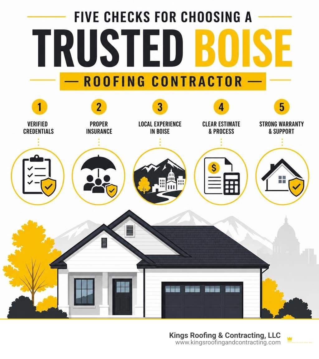 Five checks for choosing a trusted Boise roofing contractor infographic Five checks for choosing a trusted Boise roofing contractor infographic