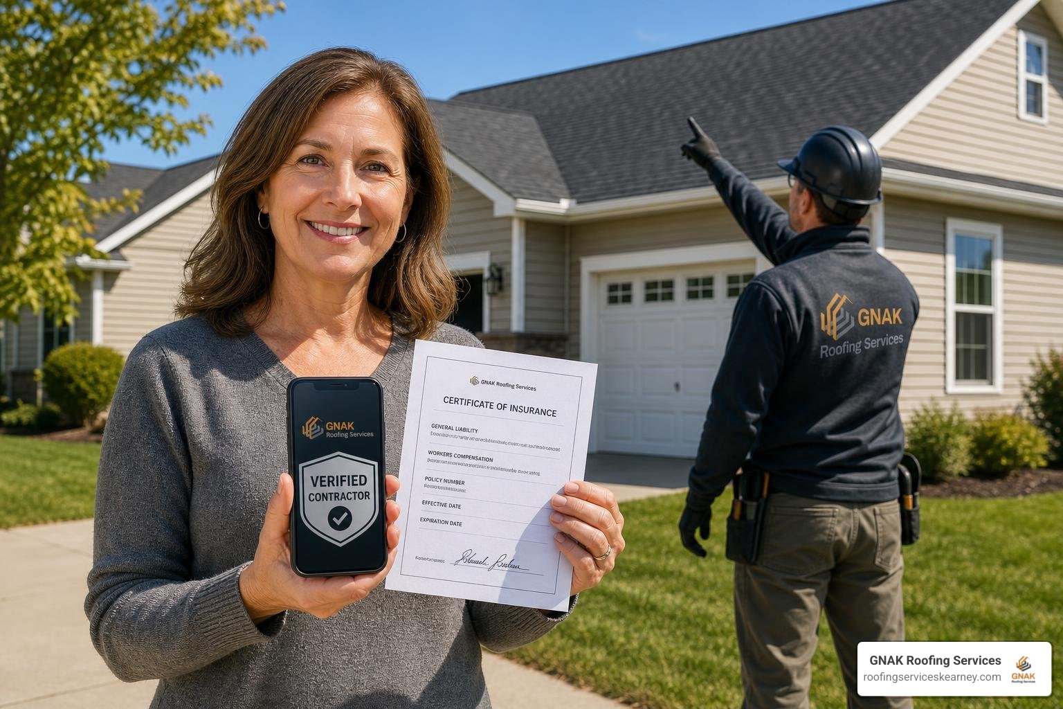 Homeowner verifying roofing credentials and insurance coverage Homeowner verifying roofing credentials and insurance coverage