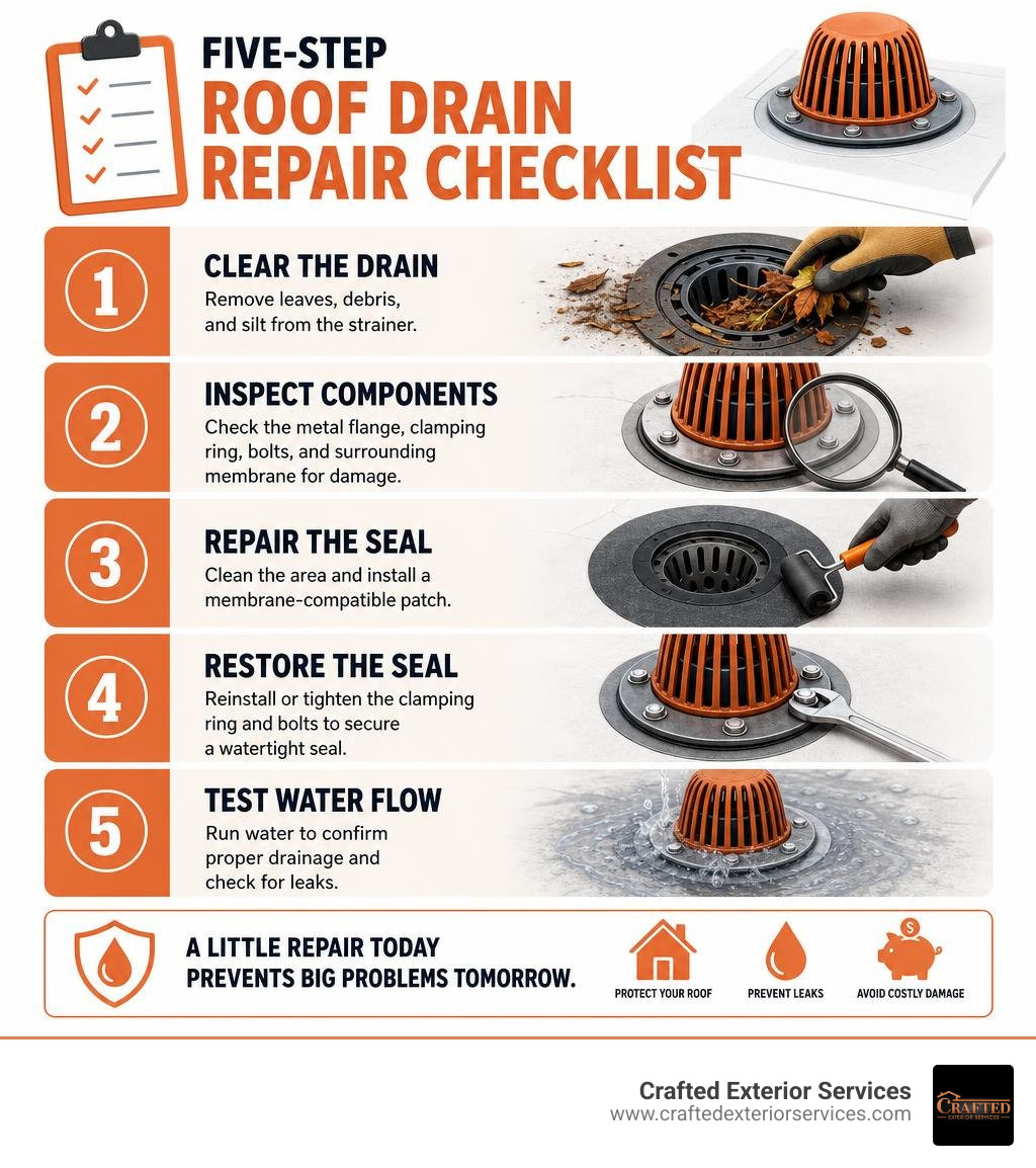 Five-step roof drain repair checklist infographic Five-step roof drain repair checklist infographic