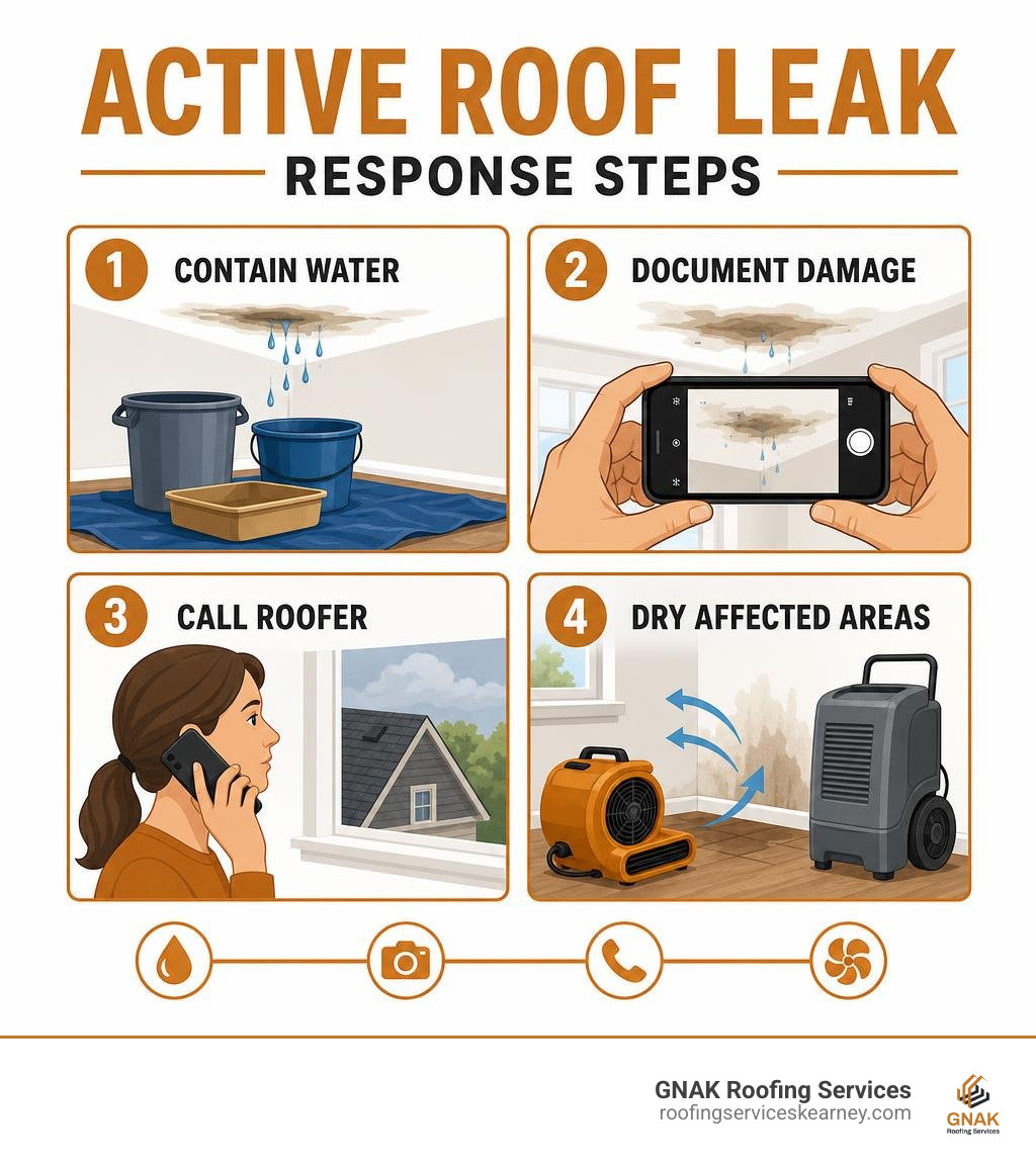 Active roof leak response steps: contain water, document damage, call roofer, dry affected areas infographic Active roof leak response steps: contain water, document damage, call roofer, dry affected areas infographic