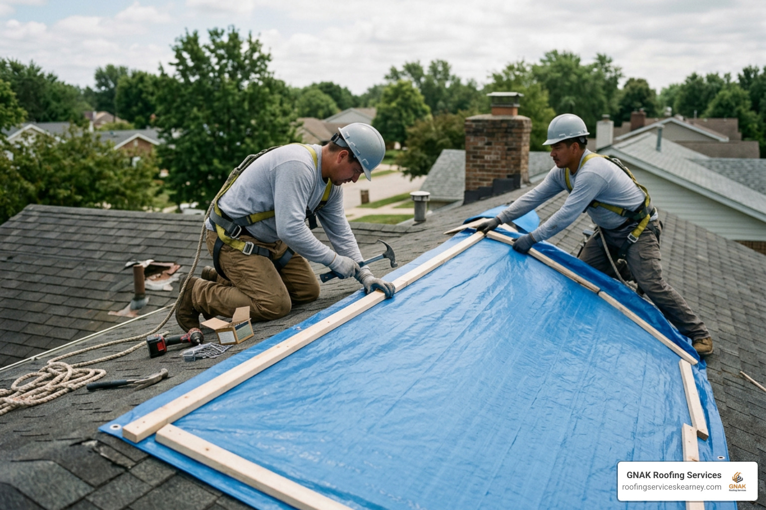 Professional emergency roof tarp installation secured with wooden furring strips Professional emergency roof tarp installation secured with wooden furring strips