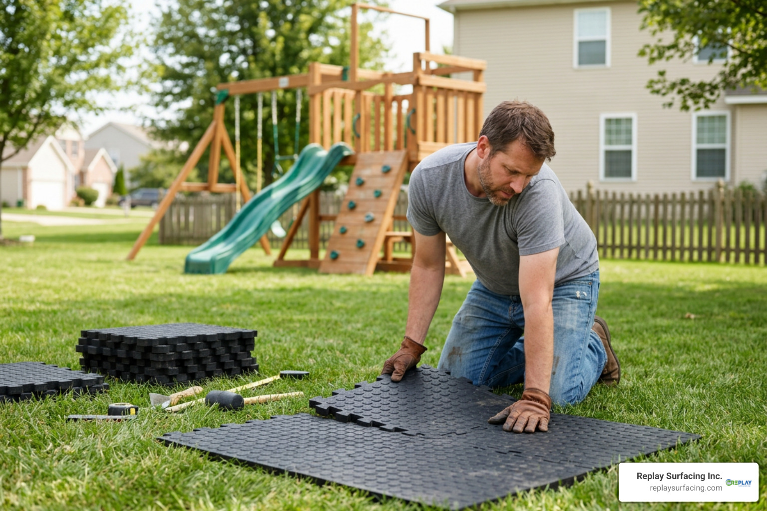 homeowner installing rubber playground tiles homeowner installing rubber playground tiles