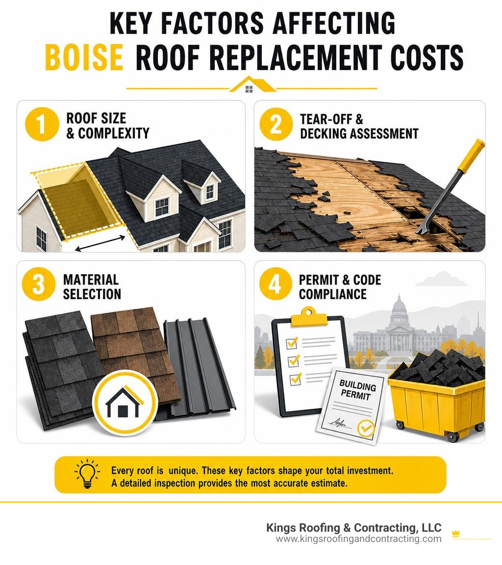 Key factors affecting Boise roof replacement costs infographic Key factors affecting Boise roof replacement costs infographic