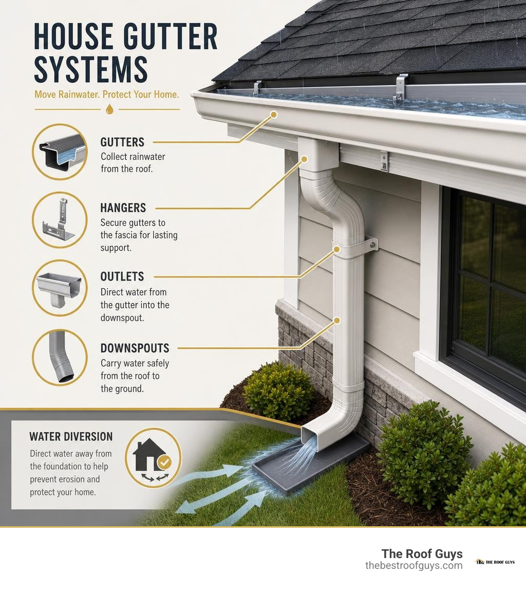 Infographic showing gutters, hangers, outlets, downspouts, and water diversion infographic Infographic showing gutters, hangers, outlets, downspouts, and water diversion infographic