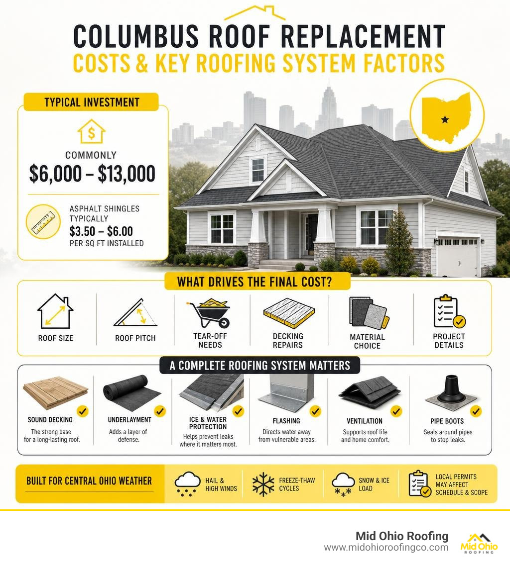 Columbus roof replacement costs and key roofing system factors infographic Columbus roof replacement costs and key roofing system factors infographic