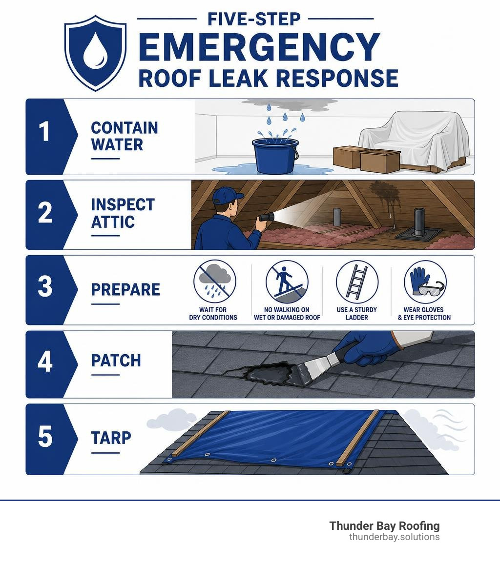Five-step emergency roof leak response: contain water, inspect attic, prepare, patch, tarp infographic